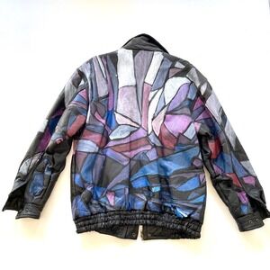 Italian Stone Design Leather Jacket Men's XL Black Purple Abstract Bomber Coat